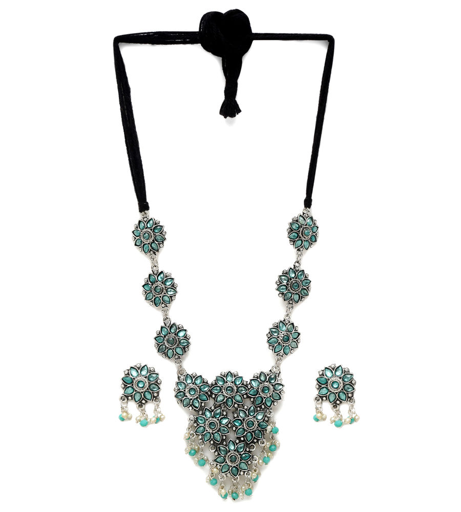 YouBella Jewellery Oxidised Silver Necklace Jewellery Set with Earrings for Girls and Women (Blue) (YBNK_50525)